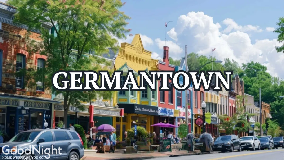 A bustling streetscape scene featuring colorful storefronts, people walking, and leafy green trees under a cloudy sky. The image captures the dynamic and lively nature of the East Nashville neighborhood.