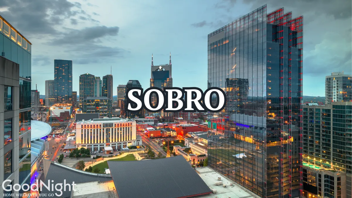 A sweeping city skyline at dusk, with gleaming lights reflecting on the waterfront, high-rise buildings, and bustling activity. The image embodies the energy and allure of Nashville's downtown and its cultural scene after dark.