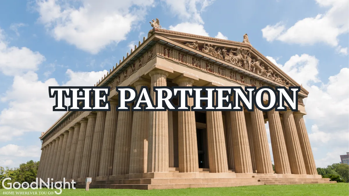 A grand exterior shot of The Parthenon structure in Centennial Park, showcasing its detailed sculptures and iconic columns. The inspiring atmosphere is perfect for sightseeing, photography, and cultural exploration.